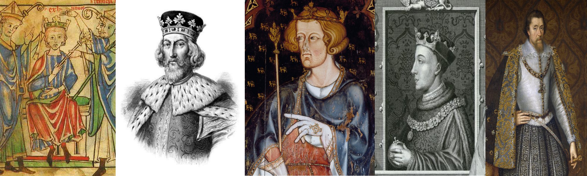 The dysentery Kings. From left to right. Henry the Young King, King John, Edward I, Henry V (Image courtesy of ancestryimages.com) and James VI