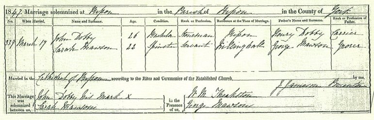 A genealogy marriage certificate. Family History Research England ©.